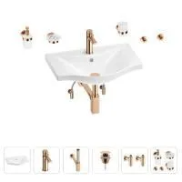 Раковина для ванной Wellsee Bisou 201007269 в наборе 9 в 1: раковина белого глянцевого цвета, смеситель, сифон, донный клапан, угловые вентили, аксессуары (цвет набора розовое золото)