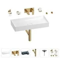 Раковина для ванной Wellsee Pure BY Wellsee 201006503 в наборе 8 в 1: раковина белого глянцевого цвета, встраиваемый смеситель, сифон, выпуск, аксессуары (цвет набора золото)