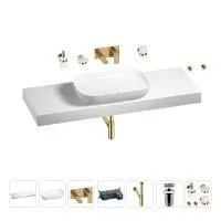 Раковина 60 см со столешницей 140 см Wellsee Croquis 201008343 в наборе 9 в 1: столешница, раковина, встраиваемый смеситель, сифон, выпуск, аксессуары (цвет набора золото)