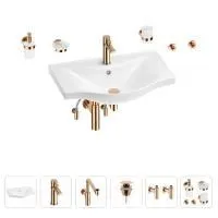 Раковина для ванной Wellsee Bisou 201007349 в наборе 9 в 1: раковина белого глянцевого цвета, смеситель, сифон, донный клапан, угловые вентили, аксессуары (цвет набора розовое золото)