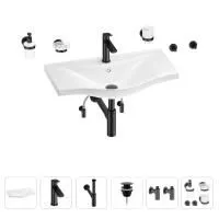 Раковина для ванной Wellsee Bisou 201007432 в наборе 9 в 1: раковина белого глянцевого цвета, смеситель, сифон, донный клапан, угловые вентили, аксессуары (цвет набора матовый черный)