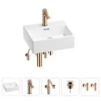 Раковина для ванной Wellsee Graceful Pro 201004574 в наборе 5 в 1: раковина белого глянцевого цвета, смеситель, сифон, донный клапан, угловые вентили (цвет набора розовое золото)