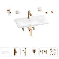 Раковина для ванной Wellsee FreeDom 201007034 в наборе 9 в 1: раковина белого глянцевого цвета, смеситель, сифон, донный клапан, угловые вентили, аксессуары (цвет набора розовое золото)