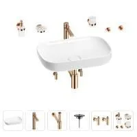 Раковина для ванной Wellsee Croquis 201005634 в наборе 9 в 1: раковина белого глянцевого цвета, высокий смеситель, сифон, выпуск, угловые вентили, аксессуары (цвет розовое золото)