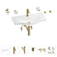 Раковина для ванной Wellsee Bisou 201007428 в наборе 9 в 1: раковина белого глянцевого цвета, смеситель, сифон, донный клапан, угловые вентили, аксессуары (цвет набора золото)