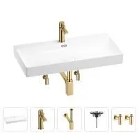 Раковина для ванной Wellsee Bromance 201005543 в наборе 5 в 1: раковина белого глянцевого цвета, смеситель, сифон, выпуск, угловые вентили (цвет набора золото)