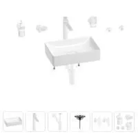 Раковина для ванной Wellsee Pure BY Wellsee 201006280 в наборе 9 в 1: раковина белого глянцевого цвета, высокий смеситель, сифон, выпуск, угловые вентили, аксессуары (цвет матовый белый)