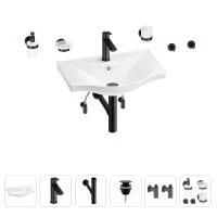 Раковина для ванной Wellsee Bisou 201007222 в наборе 9 в 1: раковина белого глянцевого цвета, смеситель, сифон, донный клапан, угловые вентили, аксессуары (цвет набора матовый черный)