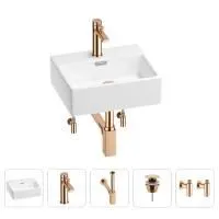 Раковина для ванной Wellsee Graceful Pro 201004544 в наборе 5 в 1: раковина белого глянцевого цвета, смеситель, сифон, донный клапан, угловые вентили (цвет набора розовое золото)