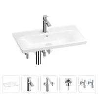 Раковина для ванной Wellsee FreeDom 201004966 в наборе 5 в 1: раковина белого глянцевого цвета, смеситель, сифон, донный клапан, угловые вентили (цвет набора хром)