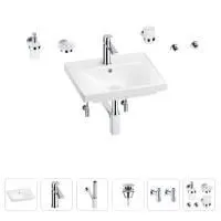Раковина для ванной Wellsee FreeDom 201006811 в наборе 9 в 1: раковина белого глянцевого цвета, смеситель, сифон, донный клапан, угловые вентили, аксессуары (цвет набора хром)