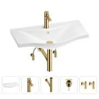 Раковина для ванной Wellsee Bisou 201005353 в наборе 5 в 1: раковина белого глянцевого цвета, смеситель, сифон, донный клапан, угловые вентили (цвет набора золото)
