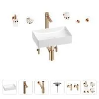 Раковина для ванной Wellsee Pure BY Wellsee 201006279 в наборе 9 в 1: раковина белого глянцевого цвета, высокий смеситель, сифон, выпуск, угловые вентили, аксессуары (цвет розовое золото)
