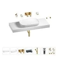 Раковина 60 см со столешницей 120 см Wellsee Croquis 201008223 в наборе 9 в 1: столешница, раковина, встраиваемый смеситель, сифон, выпуск, аксессуары (цвет набора золото)
