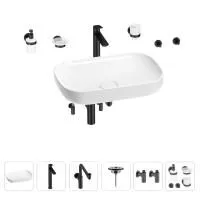 Раковина для ванной Wellsee Croquis 201005707 в наборе 9 в 1: раковина белого глянцевого цвета, высокий смеситель, сифон, выпуск, угловые вентили, аксессуары (цвет матовый черный)