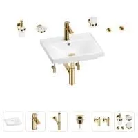 Раковина для ванной Wellsee FreeDom 201006833 в наборе 9 в 1: раковина белого глянцевого цвета, смеситель, сифон, донный клапан, угловые вентили, аксессуары (цвет набора золото)