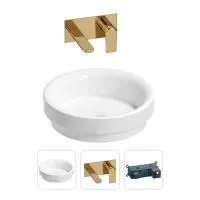 Раковина для ванной Wellsee Doux 201000663 в наборе 2 в 1: круглая раковина белого глянцевого цвета, встраиваемый смеситель в цвете золото