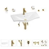 Раковина для ванной Wellsee Bisou 201007353 в наборе 9 в 1: раковина белого глянцевого цвета, смеситель, сифон, донный клапан, угловые вентили, аксессуары (цвет набора золото)