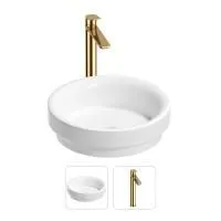 Раковина для ванной Wellsee Doux 201000653 в наборе 2 в 1: круглая раковина белого глянцевого цвета, высокий смеситель в цвете золото