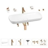 Раковина для ванной Wellsee Croquis 201005754 в наборе 9 в 1: раковина белого глянцевого цвета, высокий смеситель, сифон, выпуск, угловые вентили, аксессуары (цвет розовое золото)