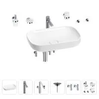 Раковина для ванной Wellsee Croquis 201005711 в наборе 9 в 1: раковина белого глянцевого цвета, высокий смеситель, сифон, выпуск, угловые вентили, аксессуары (цвет хром)