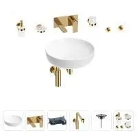 Раковина для ванной Wellsee Chalice Perfection 201006218 в наборе 8 в 1: раковина белого глянцевого цвета, встраиваемый смеситель, сифон, выпуск, аксессуары (цвет набора золото)