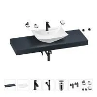 Раковина 60 см со столешницей 140 см Wellsee Cerulean 201013002 в наборе 10 в 1: столешница, раковина, смеситель, сифон, выпуск, угловые вентили, аксессуары (цвет матовый черный)