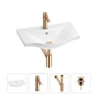 Раковина для ванной Wellsee Bisou 201003459 в наборе 4 в 1: раковина белого глянцевого цвета, смеситель, сифон, донный клапан (цвет набора розовое золото)