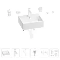 Раковина для ванной Wellsee Graceful Pro 201006665 в наборе 9 в 1: раковина белого глянцевого цвета, смеситель, сифон, донный клапан, угловые вентили, аксессуары (цвет набора матовый белый)