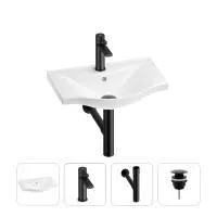 Раковина для ванной Wellsee Bisou 201003377 в наборе 4 в 1: раковина белого глянцевого цвета, смеситель, сифон, донный клапан (цвет набора матовый черный)