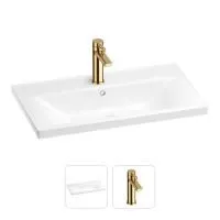Раковина для ванной Wellsee FreeDom 201000853 в наборе 2 в 1: прямоугольная раковина белого глянцевого цвета, смеситель в цвете золото