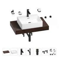 Раковина 50 см со столешницей 80 см Wellsee Graceful Pro 201012422 в наборе 10 в 1: столешница, раковина, смеситель, сифон, донный клапан, угловые вентили, аксессуары (цвет матовый черный)