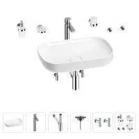 Раковина для ванной Wellsee Croquis 201005626 в наборе 9 в 1: раковина белого глянцевого цвета, высокий смеситель, сифон, выпуск, угловые вентили, аксессуары (цвет хром)