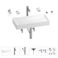 Раковина для ванной Wellsee Pure BY Wellsee 201006491 в наборе 9 в 1: раковина белого глянцевого цвета, высокий смеситель, сифон, выпуск, угловые вентили, аксессуары (цвет хром)