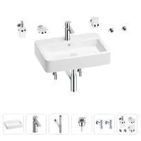Раковина для ванной Wellsee Halcyon 201006581 в наборе 9 в 1: раковина белого глянцевого цвета, смеситель, сифон, донный клапан, угловые вентили, аксессуары (цвет набора хром)