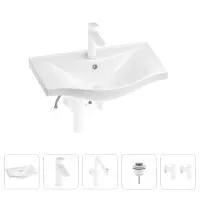 Раковина для ванной Wellsee Bisou 201005220 в наборе 5 в 1: раковина белого глянцевого цвета, смеситель, сифон, донный клапан, угловые вентили (цвет набора матовый белый)