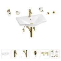 Раковина для ванной Wellsee Bisou 201007228 в наборе 9 в 1: раковина белого глянцевого цвета, смеситель, сифон, донный клапан, угловые вентили, аксессуары (цвет набора золото)