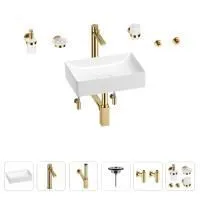 Раковина для ванной Wellsee Pure BY Wellsee 201006293 в наборе 9 в 1: раковина белого глянцевого цвета, высокий смеситель, сифон, выпуск, угловые вентили, аксессуары (цвет золото)