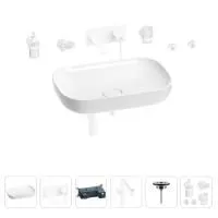 Раковина для ванной Wellsee Croquis 201005725 в наборе 8 в 1: раковина белого глянцевого цвета, встраиваемый смеситель, сифон, выпуск, аксессуары (цвет набора матовый белый)