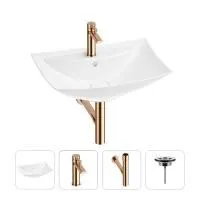 Раковина для ванной Wellsee Cerulean 201003029 в наборе 4 в 1: раковина белого глянцевого цвета, смеситель, сифон, выпуск (цвет набора розовое золото)