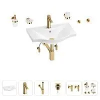 Раковина для ванной Wellsee Bisou 201007218 в наборе 9 в 1: раковина белого глянцевого цвета, смеситель, сифон, донный клапан, угловые вентили, аксессуары (цвет набора золото)