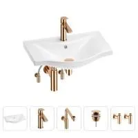 Раковина для ванной Wellsee Bisou 201005169 в наборе 5 в 1: раковина белого глянцевого цвета, смеситель, сифон, донный клапан, угловые вентили (цвет набора розовое золото)