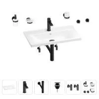 Раковина для ванной Wellsee FreeDom 201007027 в наборе 9 в 1: раковина белого глянцевого цвета, смеситель, сифон, донный клапан, угловые вентили, аксессуары (цвет набора матовый черный)
