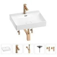 Раковина для ванной Wellsee DeSire 201005489 в наборе 5 в 1: раковина белого глянцевого цвета, смеситель, сифон, выпуск, угловые вентили (цвет набора розовое золото)