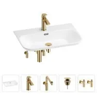 Раковина для ванной Wellsee Eclatant 2.0 201005468 в наборе 5 в 1: раковина белого глянцевого цвета, смеситель, сифон, донный клапан, угловые вентили (цвет набора золото)