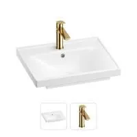 Раковина для ванной Wellsee FreeDom 201000818 в наборе 2 в 1: прямоугольная раковина белого глянцевого цвета, смеситель в цвете золото