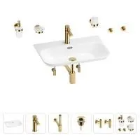 Раковина для ванной Wellsee Eclatant 2.0 201007518 в наборе 9 в 1: раковина белого глянцевого цвета, смеситель, сифон, донный клапан, угловые вентили, аксессуары (цвет набора золото)