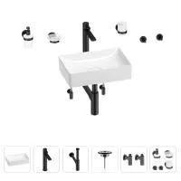 Раковина для ванной Wellsee Pure BY Wellsee 201006322 в наборе 9 в 1: раковина белого глянцевого цвета, высокий смеситель, сифон, выпуск, угловые вентили, аксессуары (цвет матовый черный)