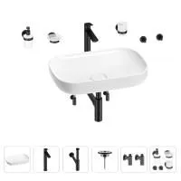 Раковина для ванной Wellsee Croquis 201005687 в наборе 9 в 1: раковина белого глянцевого цвета, высокий смеситель, сифон, выпуск, угловые вентили, аксессуары (цвет матовый черный)
