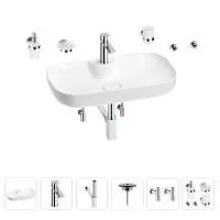Раковина для ванной Wellsee Croquis 2.0 201005886 в наборе 9 в 1: раковина белого глянцевого цвета, смеситель, сифон, выпуск, угловые вентили, аксессуары (цвет набора хром)